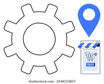 Icono de tecnología de engranajes con un pin de ubicación azul y una pantalla de teléfono inteligente que muestra un Carrito de compras en línea. Ideal para la navegación de comercio electrónico de tecnología, compras y desarrollo de App. Estilo limpio simple