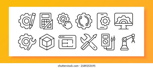 Zahnräder in Technologie setzen Symbol. Stift, Taschenrechner, Lineal, Konfiguration, Gebäude, Telefoneinstellungen, Schlüssel, 3D, Website, Schraubenzieher, elektrische Einheit, Krane. Baukonzept. Vektorliniensymbol.