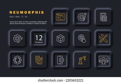 Icono de juego de tecnología. Lápiz, calculadora, regla, configuración, construcción, configuración de teléfono, llave, 3d, sitio web, destornillador, dispositivo eléctrico. Neomorfismo. Concepto de construcción. Icono de vector