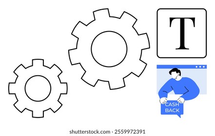 Gears and a text icon next to a simple illustration of a man holding a cashback sign in front of a computer window. Ideal for engineering technology text formatting finance business promotion