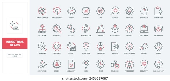 Gears and tools in industry line icons set. Development of innovation ideas and AI, automation of factory process, support for green energy thin black and red outline symbols vector illustration