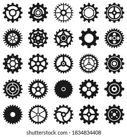 Gears. Transmission cog wheels and machine gearings, technical mecanisme, engineering motor, button black silhouette icons, vector set. Transmission mechanism, engineering machinery gear illustration