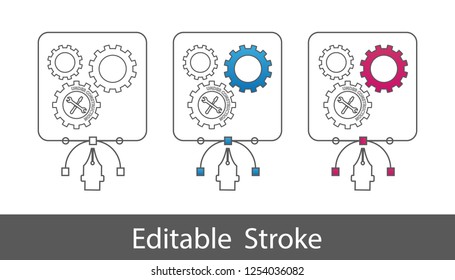 Gears Under Construction Symbol - Outline Styled Icon - Editable Stroke - Vector Illustration - Isolated On White Background