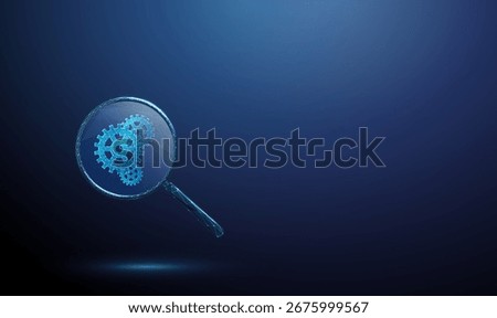 Gears under a magnifying glass. Process analysis, automation, system optimization, quality control, efficiency, diagnostics, algorithm testing concept. Low poly digital futuristic, wireframe. Vector.