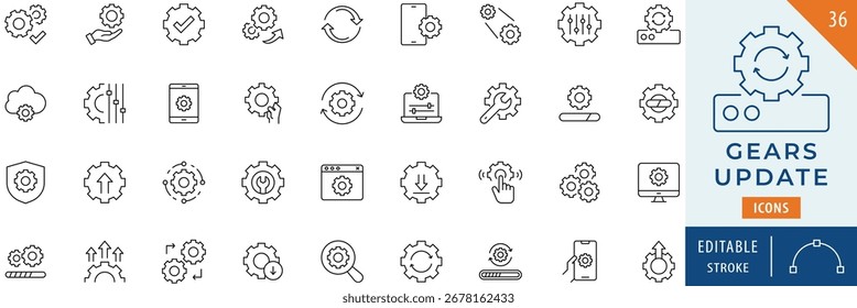 Conjunto de colección de ícono de Actualizar de engranajes. Trazo editable.
