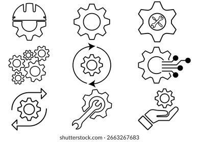 Conjunto de iconos editables de la línea de Actualizar de engranajes. Contiene Actualizar, engranajes, control, herramienta, sistema. Conjunto de iconos de línea de engranajes. Conjunto de iconos de contorno relacionados con engranajes. Colección de iconos lineales. Conjunto de iconos de Configuraciones EPS 10