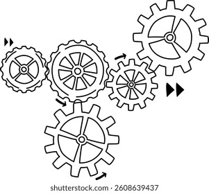 Gears of various sizes interlock with arrows indicating motion in a minimalist style. Mechanical cogs rotate in harmony, illustrating movement and connection. Cartoon vector illustration.