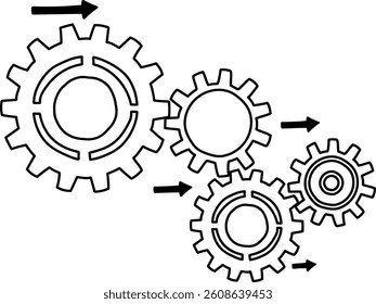 Gears of varying sizes interlock with arrows indicating movement in a minimalist style. Mechanical components are depicted in a schematic form with directional symbols. Cartoon vector illustration