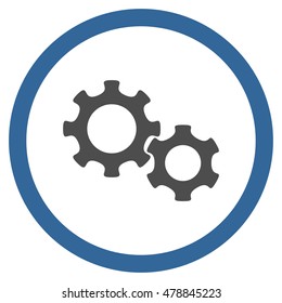 Gears vector bicolor rounded icon. Image style is a flat icon symbol inside a circle, cobalt and gray colors, white background.
