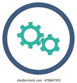 Gears vector bicolor rounded icon. Image style is a flat icon symbol inside a circle, cobalt and cyan colors, white background.