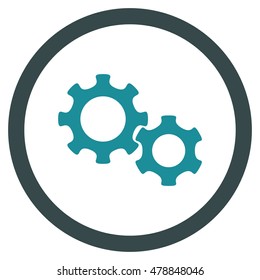 Gears vector bicolor rounded icon. Image style is a flat icon symbol inside a circle, soft blue colors, white background.