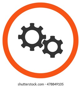 Gears vector bicolor rounded icon. Image style is a flat icon symbol inside a circle, orange and gray colors, white background.
