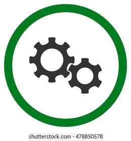 Gears vector bicolor rounded icon. Image style is a flat icon symbol inside a circle, green and gray colors, white background.