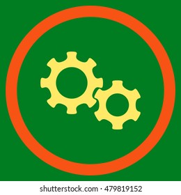 Gears vector bicolor rounded icon. Image style is a flat icon symbol inside a circle, orange and yellow colors, green background.