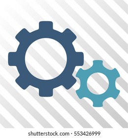 Gears vector icon. Illustration style is flat iconic bicolor cyan and blue symbol on a hatched transparent background.