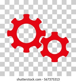 Gears vector icon. Illustration style is flat iconic red symbol on a transparent background.