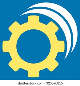 Gears vector icon. Style is bicolor flat symbol, yellow and white colors, rounded angles, blue background.