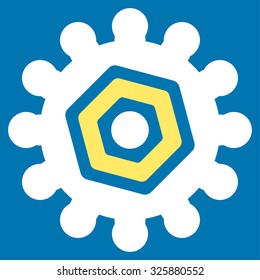 Gears vector icon. Style is bicolor flat symbol, yellow and white colors, rounded angles, blue background.