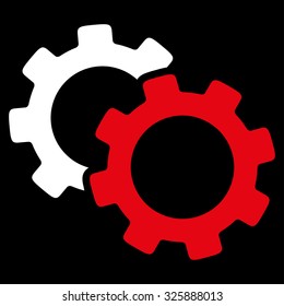 Gears vector icon. Style is bicolor flat symbol, red and white colors, rounded angles, black background.