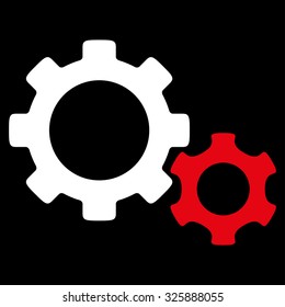 Gears vector icon. Style is bicolor flat symbol, red and white colors, rounded angles, black background.