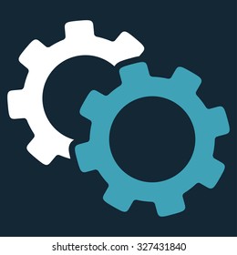Gears vector icon. Style is bicolor flat symbol, blue and white colors, rounded angles, dark blue background.