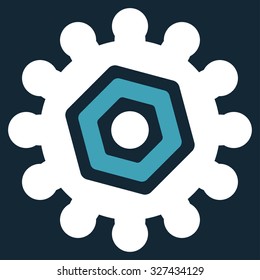 Gears vector icon. Style is bicolor flat symbol, blue and white colors, rounded angles, dark blue background.