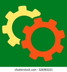 Gears vector icon. Style is bicolor flat symbol, orange and yellow colors, rounded angles, green background.