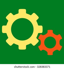 Gears vector icon. Style is bicolor flat symbol, orange and yellow colors, rounded angles, green background.
