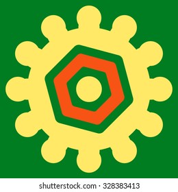 Gears vector icon. Style is bicolor flat symbol, orange and yellow colors, rounded angles, green background.