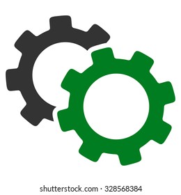 Gears vector icon. Style is bicolor flat symbol, green and gray colors, rounded angles, white background.