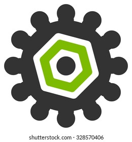 Gears vector icon. Style is bicolor flat symbol, eco green and gray colors, rounded angles, white background.