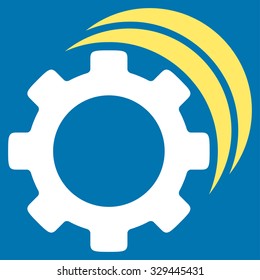 Gears vector icon. Style is bicolor flat symbol, yellow and white colors, rounded angles, blue background.