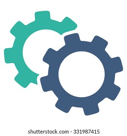 Gears vector icon. Style is bicolor flat symbol, cobalt and cyan colors, rounded angles, white background.