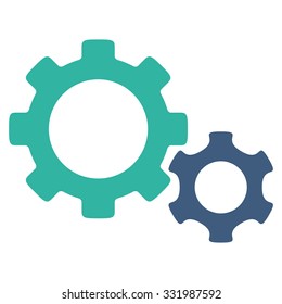 Gears vector icon. Style is bicolor flat symbol, cobalt and cyan colors, rounded angles, white background.