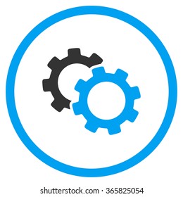 Gears vector icon. Style is bicolor flat circled symbol, blue and gray colors, rounded angles, white background.
