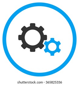 Gears vector icon. Style is bicolor flat circled symbol, blue and gray colors, rounded angles, white background.