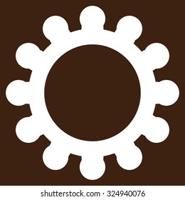Gears vector icon. Style is flat symbol, white color, rounded angles, brown background.