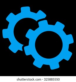 Gears vector icon. Style is flat symbol, blue color, rounded angles, black background.