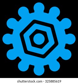 Gears vector icon. Style is flat symbol, blue color, rounded angles, black background.