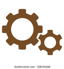Gears vector icon. Style is flat symbol, brown color, rounded angles, white background.