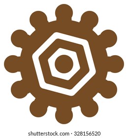 Gears vector icon. Style is flat symbol, brown color, rounded angles, white background.