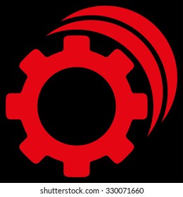 Gears vector icon. Style is flat symbol, red color, rounded angles, black background.