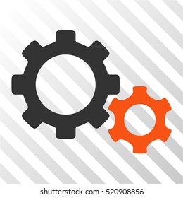 Gears vector pictogram. Illustration style is flat iconic bicolor orange and gray symbol on a hatched transparent background.
