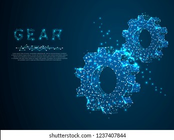 Gears. Vector poligonal wireframe gear 3d illustration on dark blue background. Industry development, engine work, business solution concept. Mechanical technology machine engineering symbol