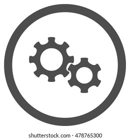 Gears vector rounded icon. Image style is a flat icon symbol inside a circle, gray color, white background.