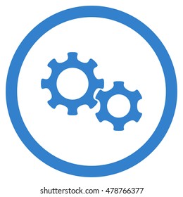 Gears vector rounded icon. Image style is a flat icon symbol inside a circle, cobalt color, white background.