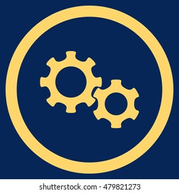 Gears vector rounded icon. Image style is a flat icon symbol inside a circle, yellow color, blue background.