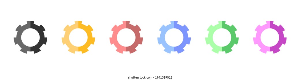 Gears vector set. Multicolored gears in a flat style set. Set of trendy colored gears icons isolated on white background. Vector illustration.