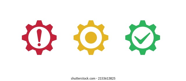 Gears with warning symbols. Red exclamation alarm symbol yellow waiting for decision in production and business process green tick important stability vector alert