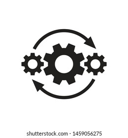 Gears wheel with arrows - concept black icon vector design. SEO creative logo sign. Exchange interaction symbol. 